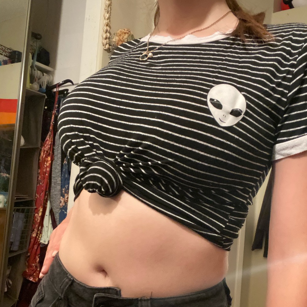 Black and White Striped Alien Logo Shirt